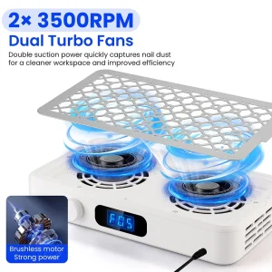 Brushless Nail Dust Collector Dual Turbo Fans Nail Vacuum Cleaner 5-Level Suction Two Hands Nail Dust Extractor Fans for Nail Salon Manicure Table